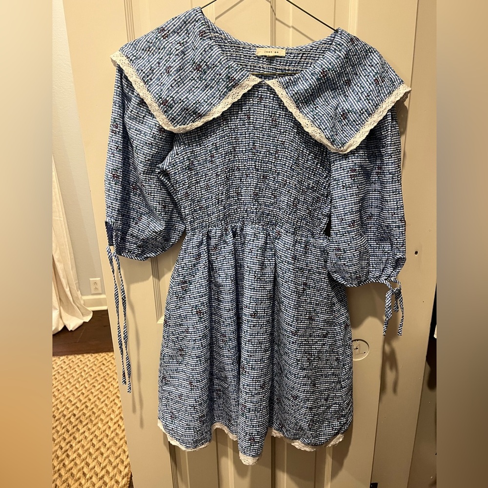 Just Me Girls XL Striped Blue and White Top with Lace